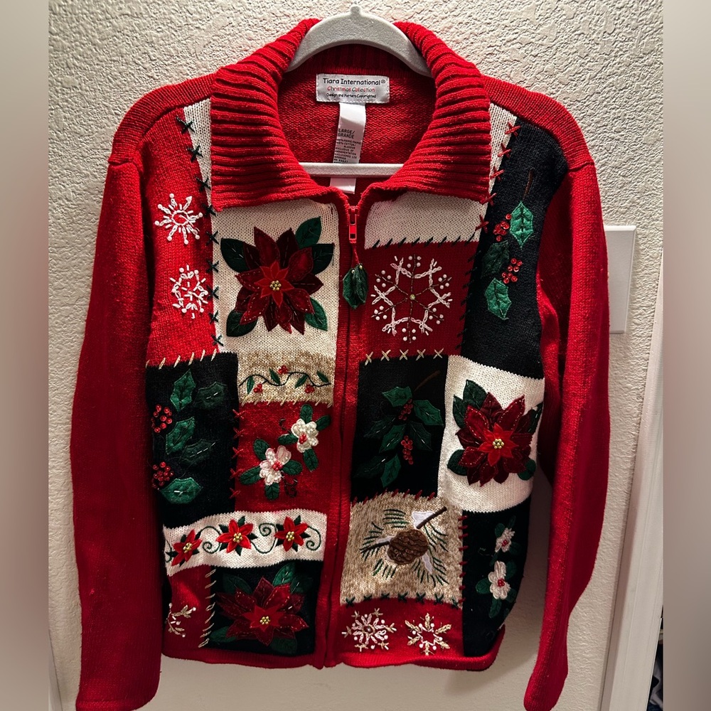 Vintage Christmas Red Holiday Cardigan with Festive Patterns